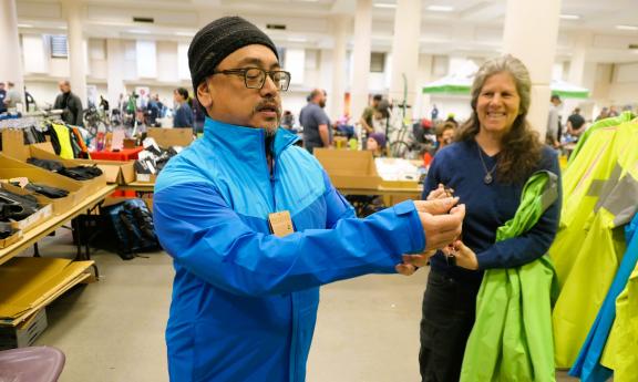 Trying on a new rain jacket